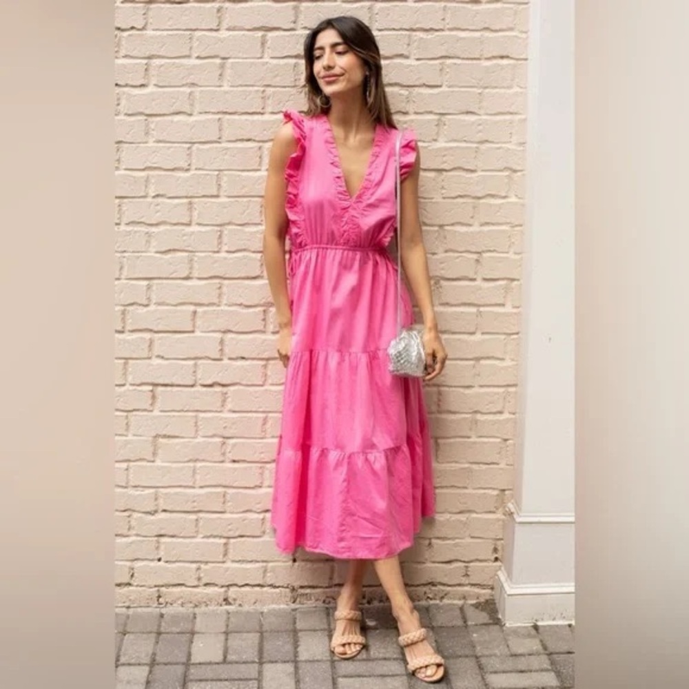 Stark X Levi Tiered V-Neck Flutter Sleeve Midi Dress Hot Pink